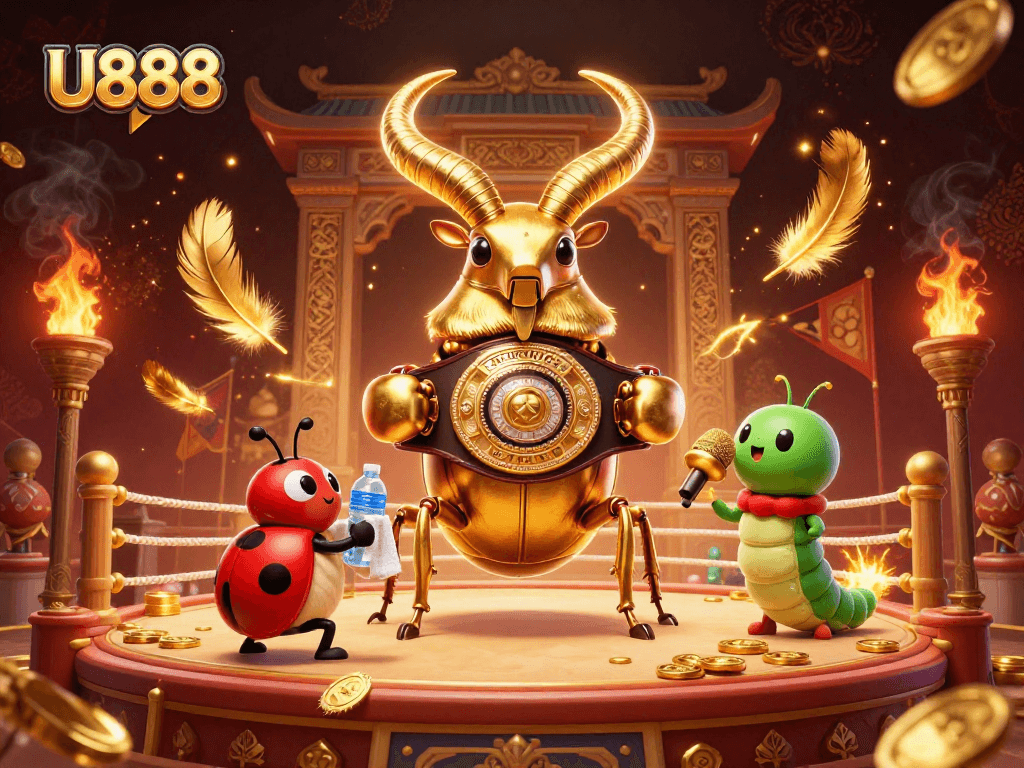 U888 engages in dynamic gameplay with a giant golden stag beetle champion in an arena