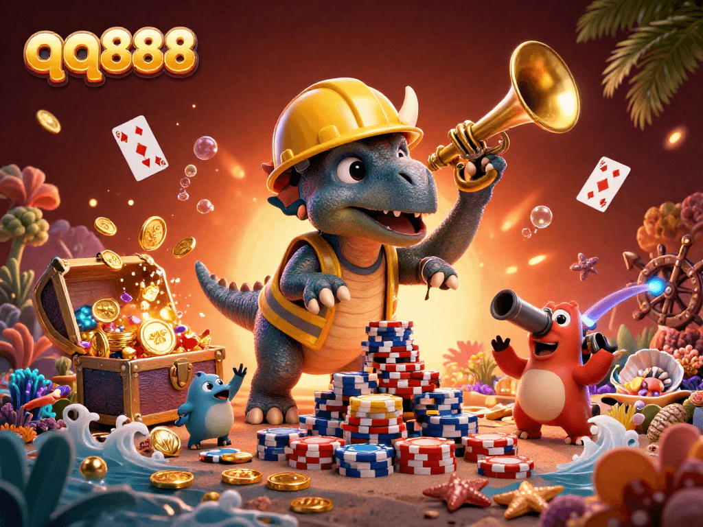 Experience the thrill of gaming with qq888 in a vibrant, dynamic casino scene featuring unique characters and elements.