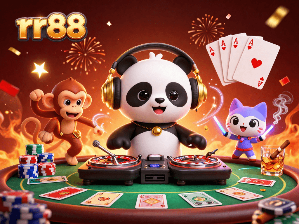 Spin the reels and stack poker chips at rr88, featuring a DJ panda, a dancing monkey, and a rave kitten.