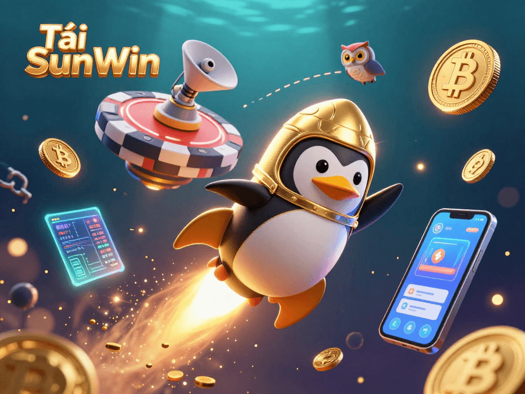 Tải SunWin offers thrilling casino adventures with a golden penguin and cosmic poker chip.