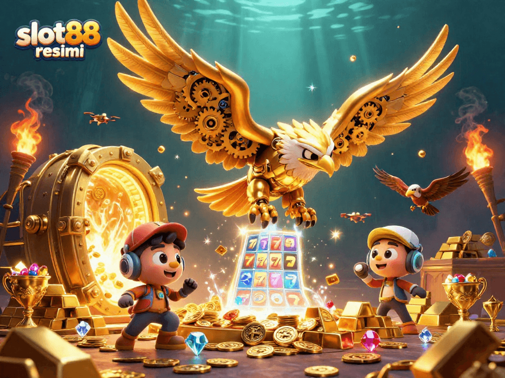 Experience the thrill of slot88 resmi with gold treasures and engaging gameplay in this vibrant illustration.