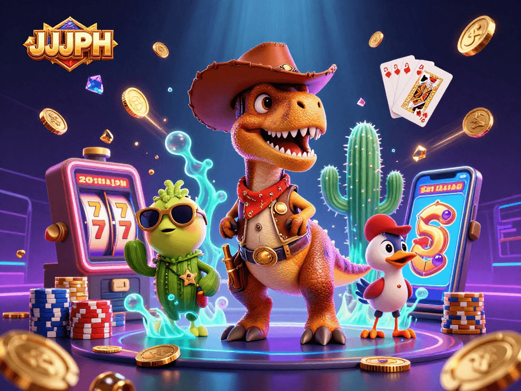 Magandang representasyon ng JJJPH na may masiglang mga karakter sa casino at mga nagliliparang simbolo ng suwerte.