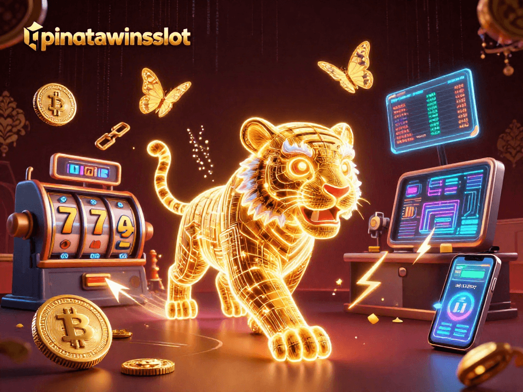 Engage with the vibrant pinatawinsslot landscape featuring a gleaming golden tiger and slot symbols.
