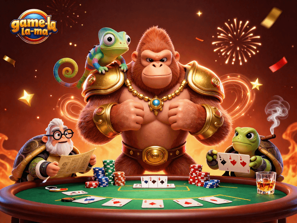 Join the game-la-ma experience with a vibrant casino scene featuring a golden gorilla, a chameleon, and a wise tortoise.