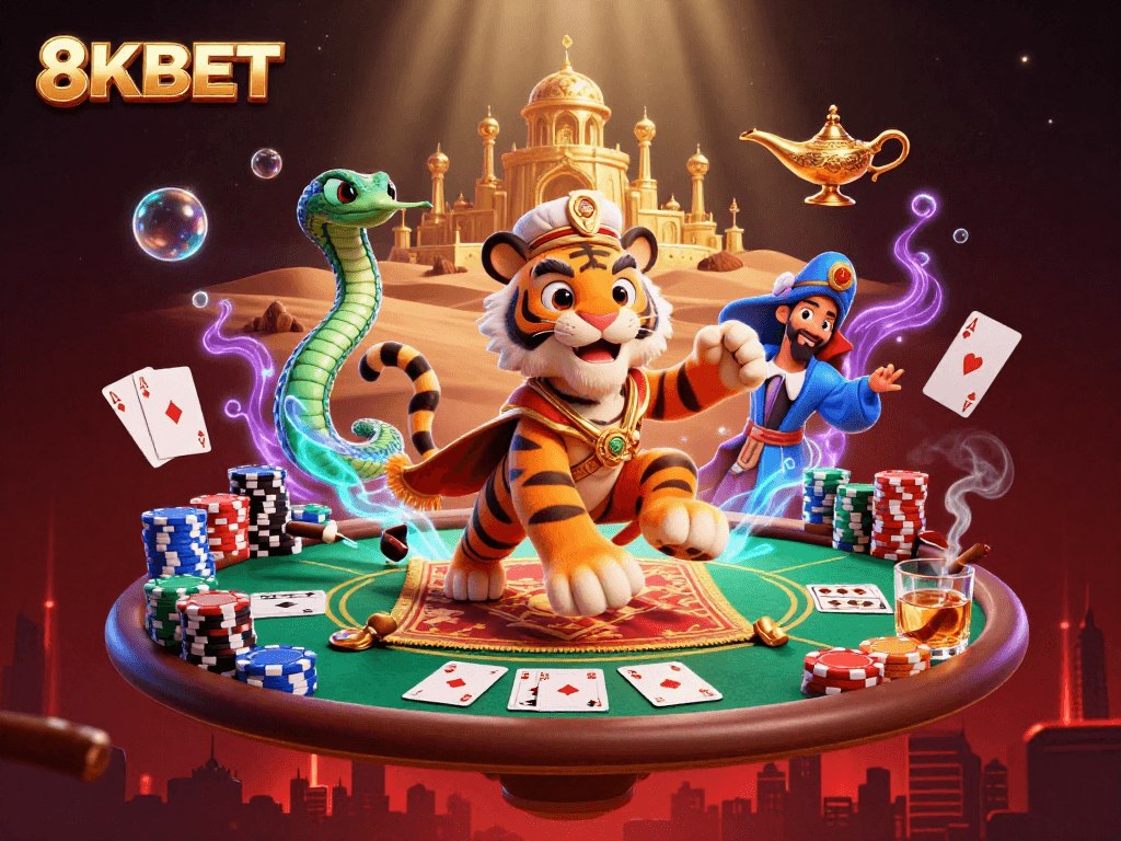 Experience thrilling gaming at 8KBET with a fantastic 3D casino scene featuring a tiger sultan.