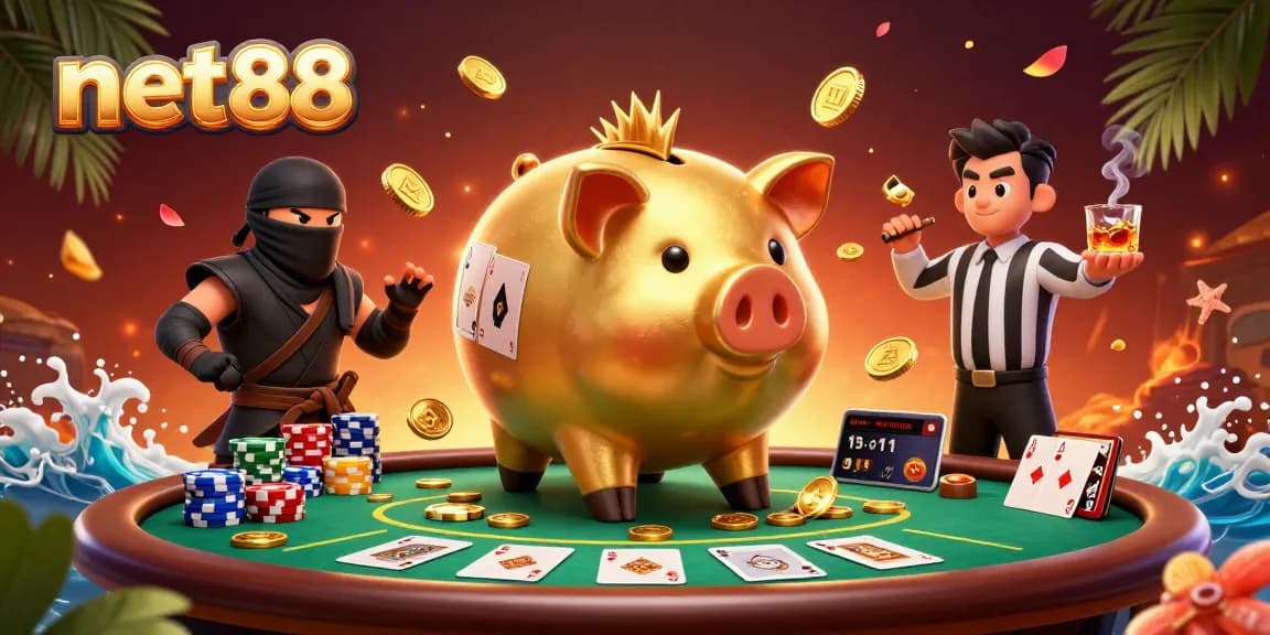 Play and win with net88 at a lively poker scene featuring unique 3D characters.