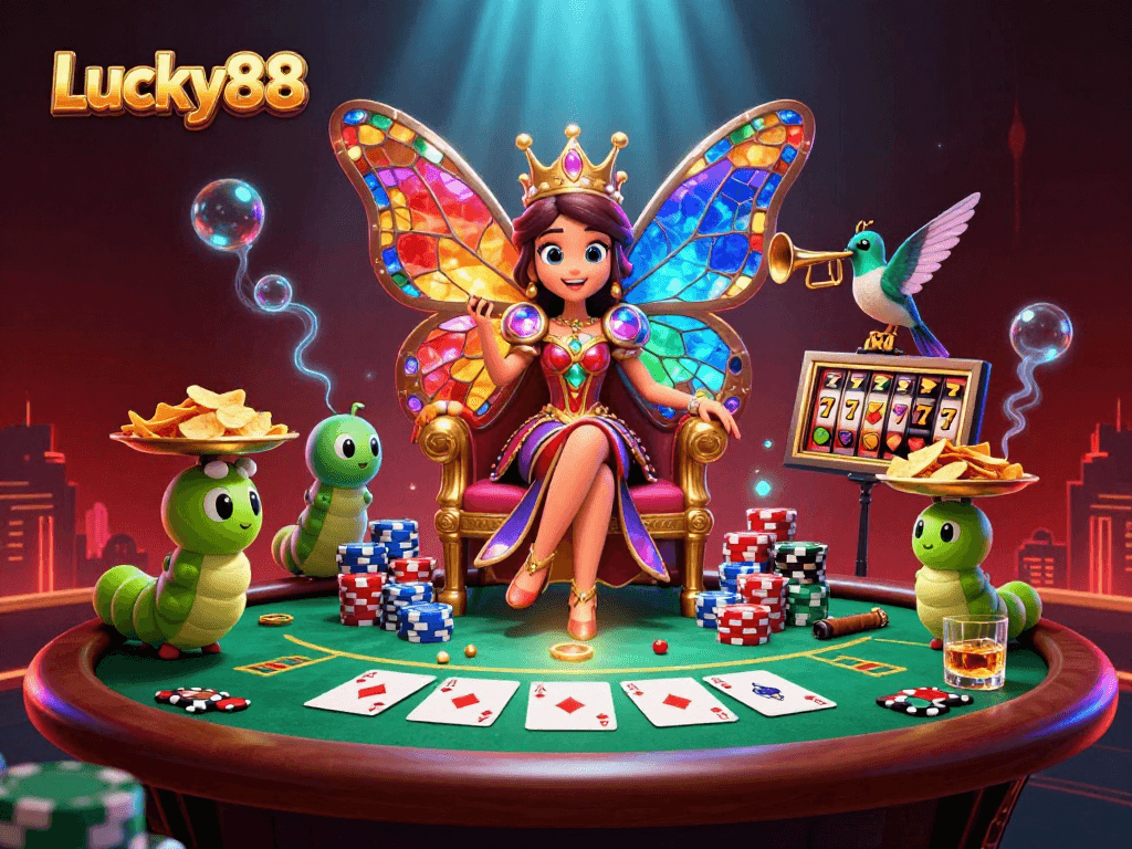 Engage with Lucky88 through a vibrant scene of a butterfly queen and poker excitement.