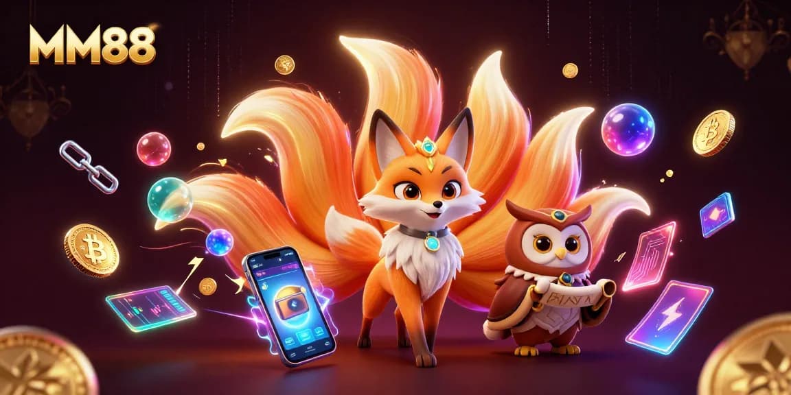 Experience thrilling action at MM88 with a vibrant 3D fox spirit and glowing coins in a dynamic casino scene.