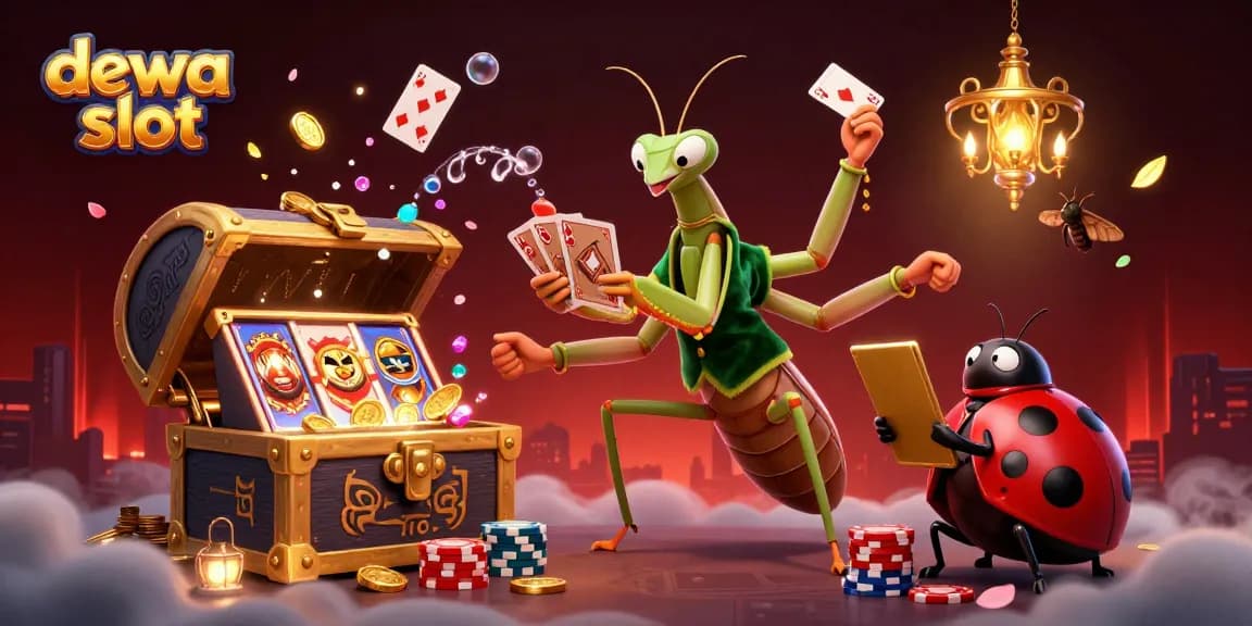 Dewa slot champions play exciting casino games, featuring slot reels and vibrant gold coins.