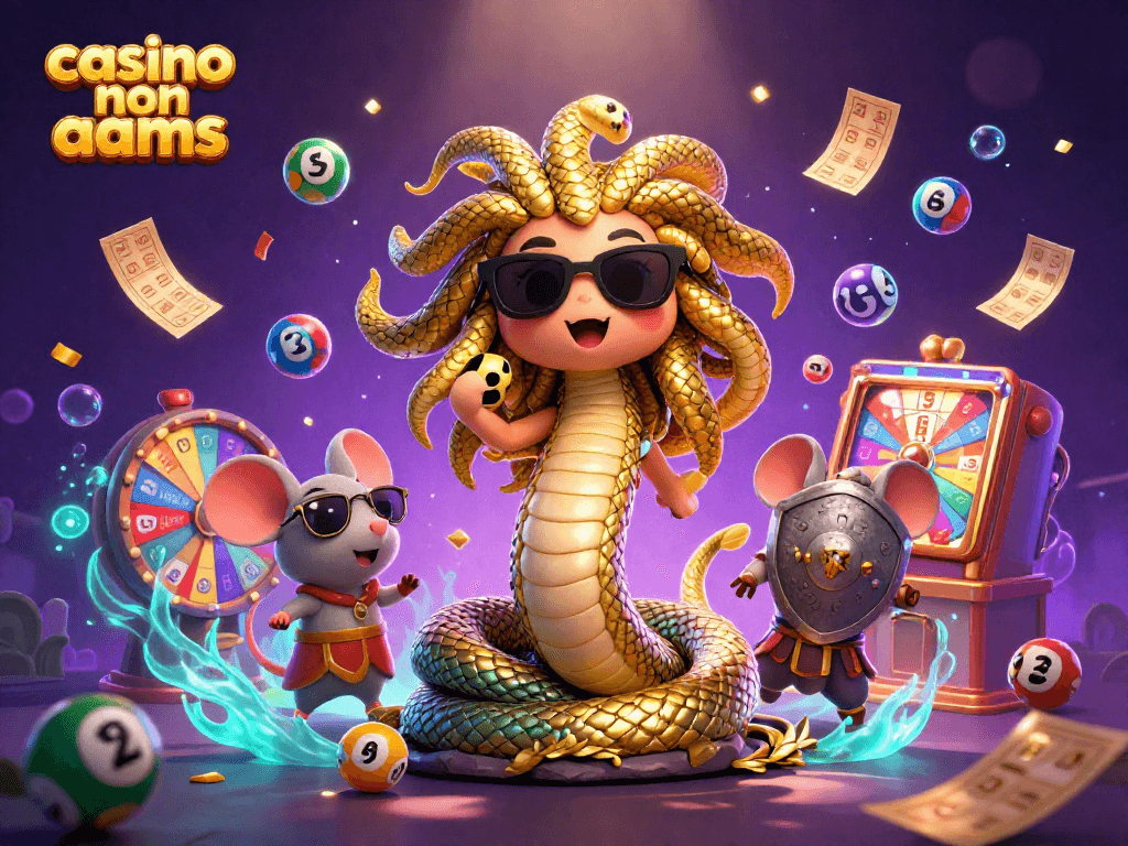 Illustrazione 3D di Medusa e un topo guerriero in un casino non AAMS, divertente e vibrante.