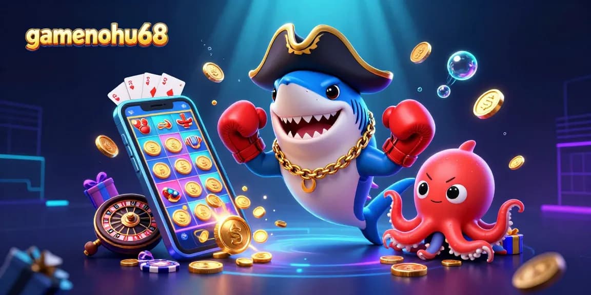 Experience the engaging world of gamenohu68 with a vibrant 3D casino scene featuring cartoon characters at play.