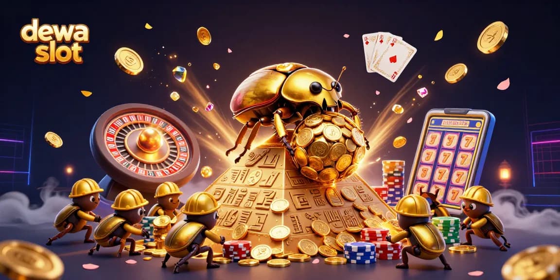 Engage with dewa slot games, featuring a rich 3D illustration of golden coins and vibrant casino elements.