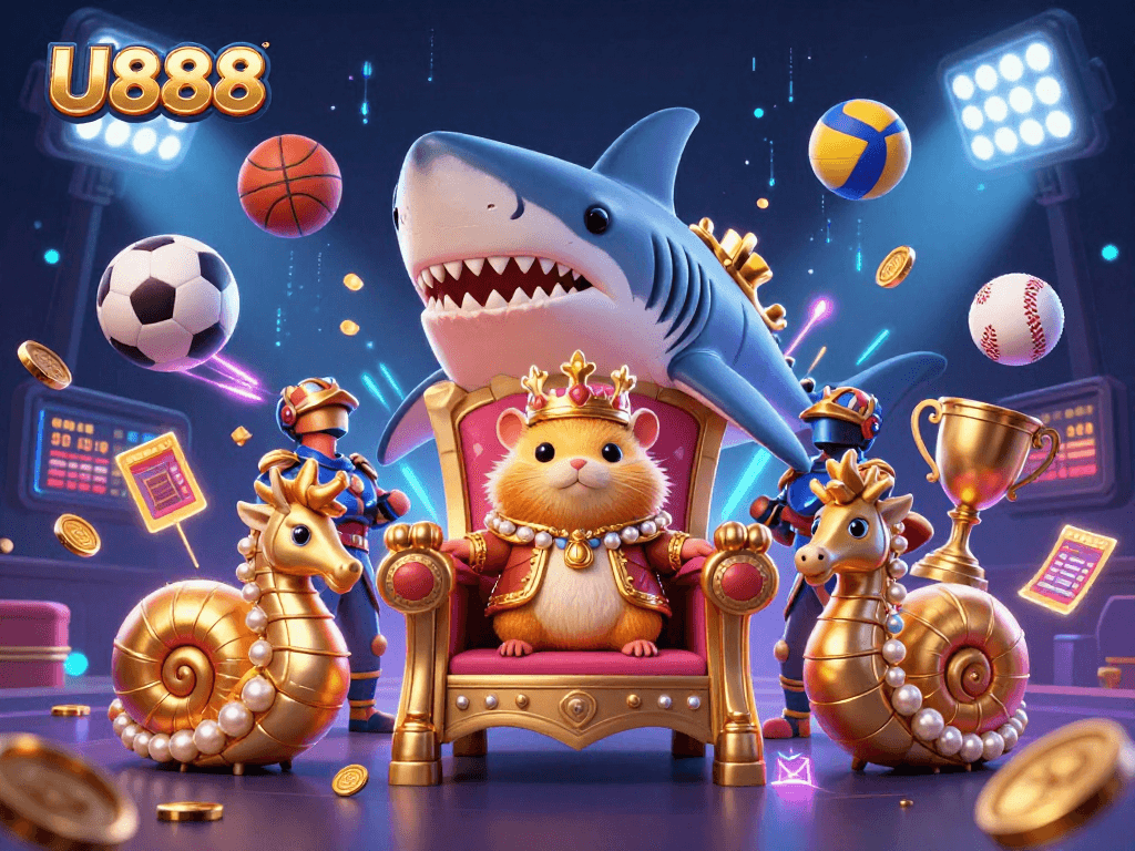 Experience thrilling sports betting action with U888's dynamic digital illustration featuring engaging characters and game elements.