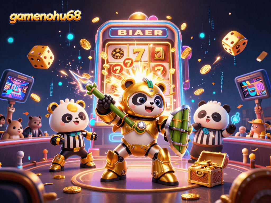 Experience the thrill of gamenohu68 with an action-packed 3D casino arena scene, showcasing a mech-suit panda.