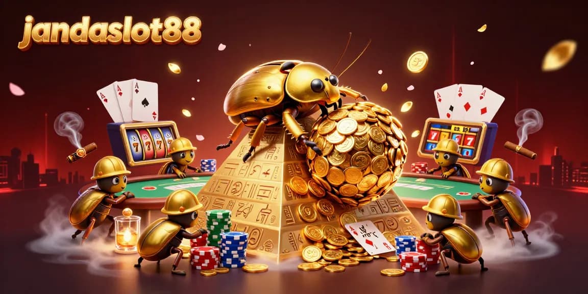 Spin to win at jandaslot88 with golden beetles rolling coins and poker elements in a vibrant casino scene.
