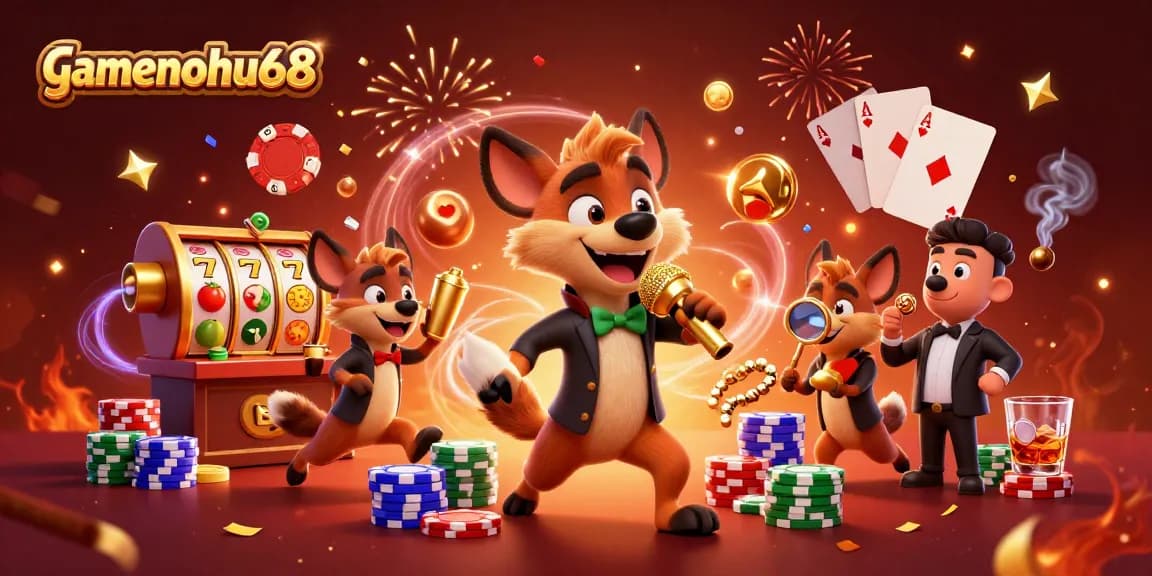 Experience gamenohu68 with hyenas at a comedy casino, featuring vibrant slots and rich casino elements.