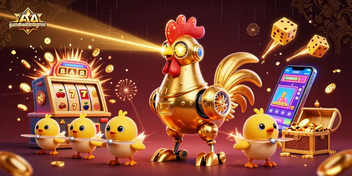 Engage with gamebaidoithuongmoi through an exciting 3D illustration of a golden rooster robot and vibrant casino elements.