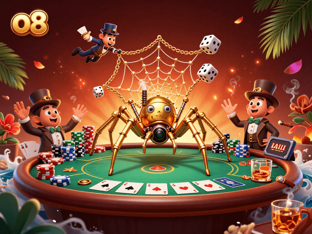 Experience the thrill of gameplay at o8 with a lively steampunk casino scene featuring poker elements and dynamic characters.