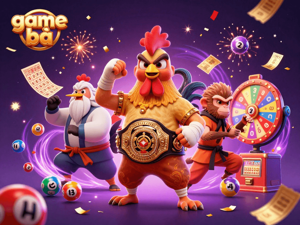 Engage in game bài excitement with a vibrant 3D illustration featuring an animated rooster, monkey, and crane.