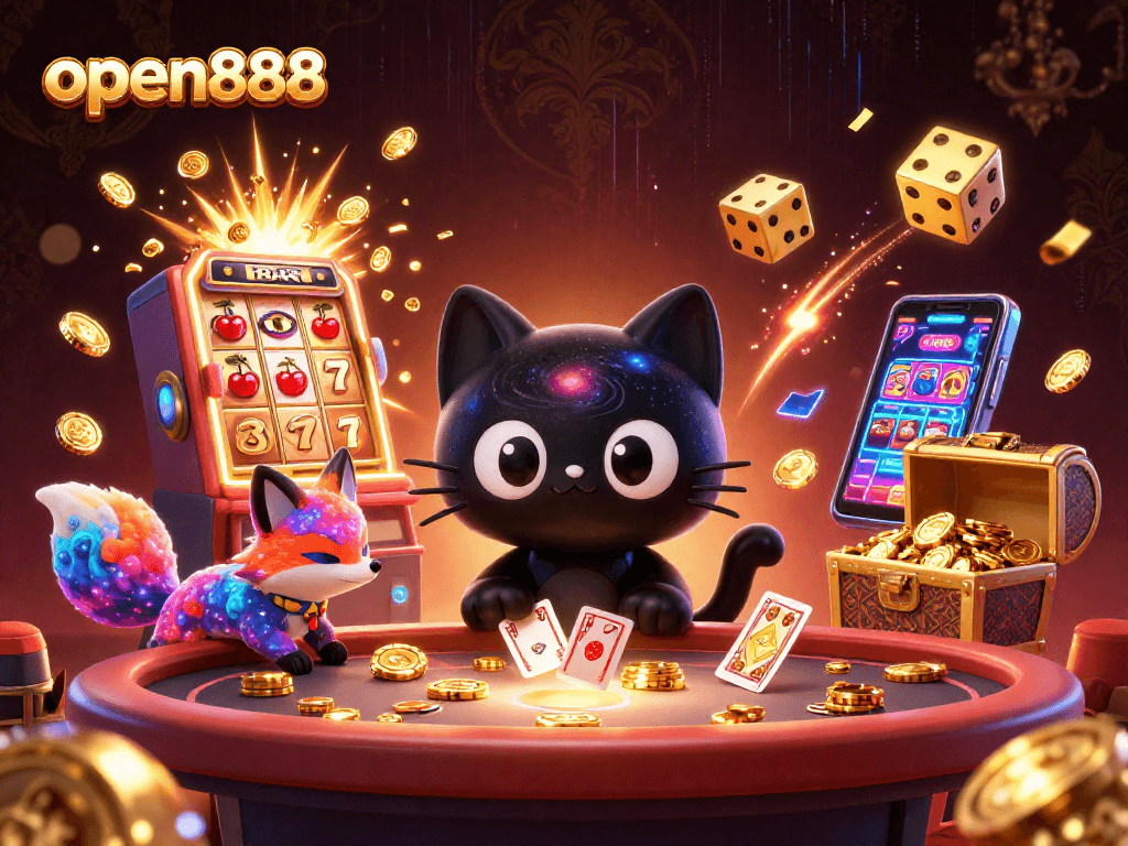 open888 casino scene with a black hole cat and colorful fox, surrounded by slot machines and golden coins