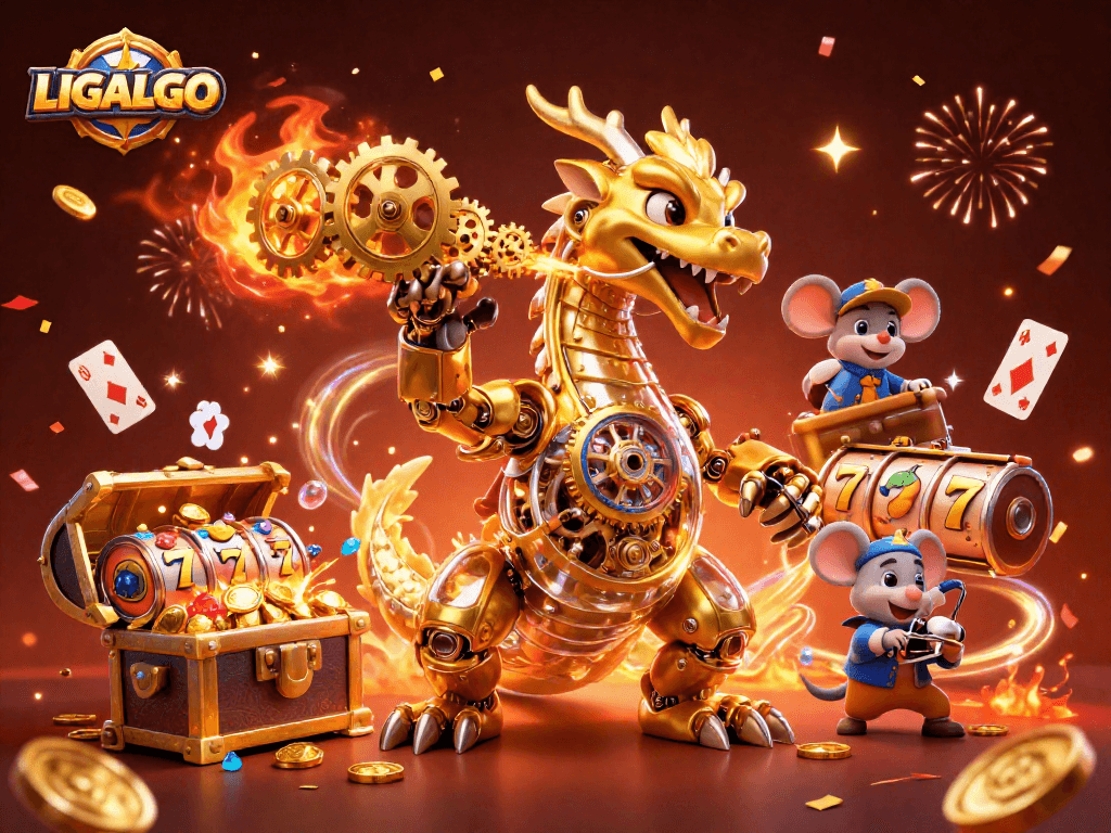 LIGALGO offers an exciting casino experience with a dynamic scene of a golden dragon and slot reels.