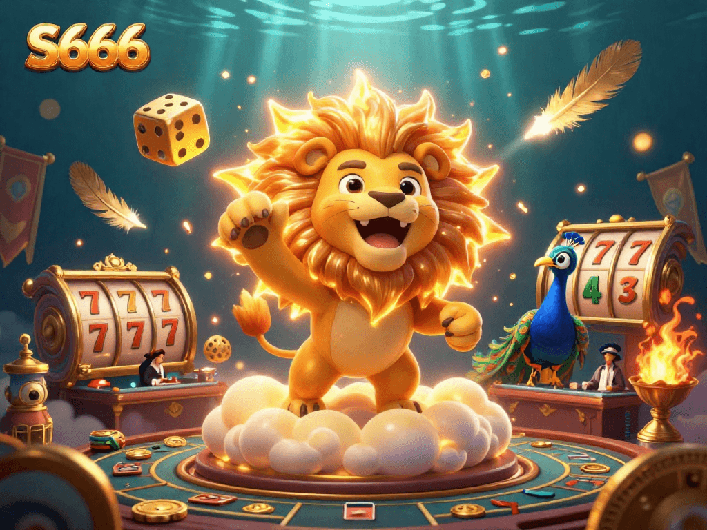 S666 casino game illustration featuring a roaring lion, golden dice, and vibrant slot games.