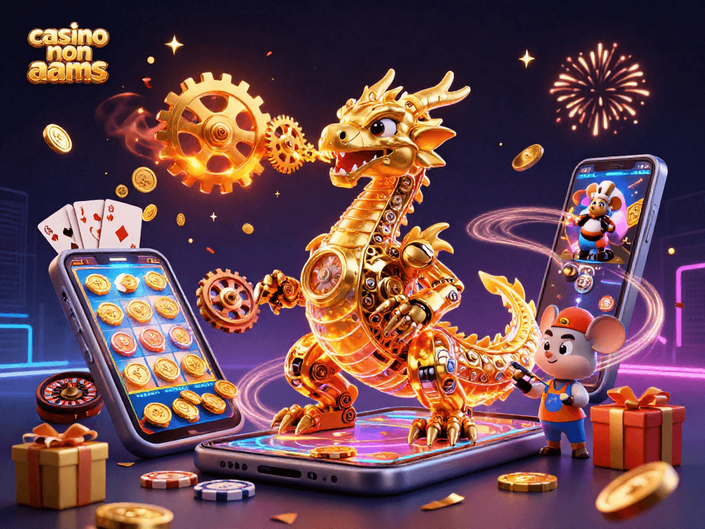 Il drago dorato biomeccanico in un'illustrazione di un casinò non aams con giochi e carte da gioco.