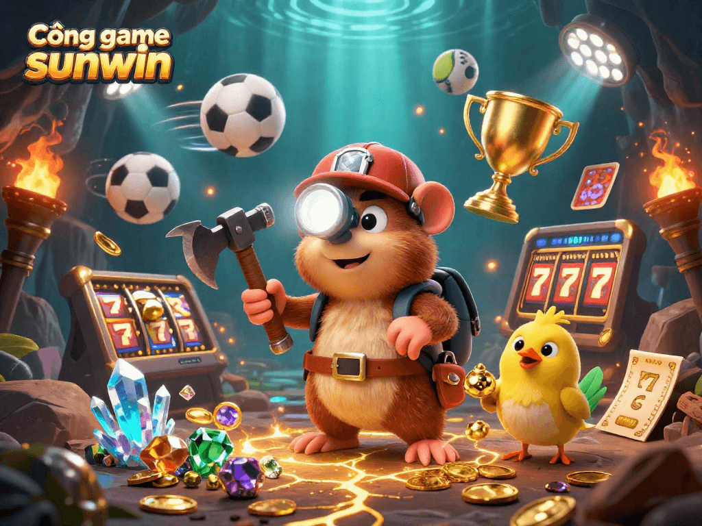 Cổng game sunwin showcases an exciting gambling adventure with vibrant characters and sports elements dynamically interacting.
