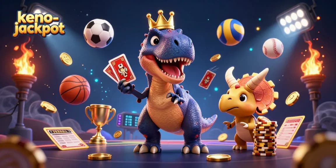 Engage with the keno-jackpot adventure featuring unique characters in a vibrant casino scene.
