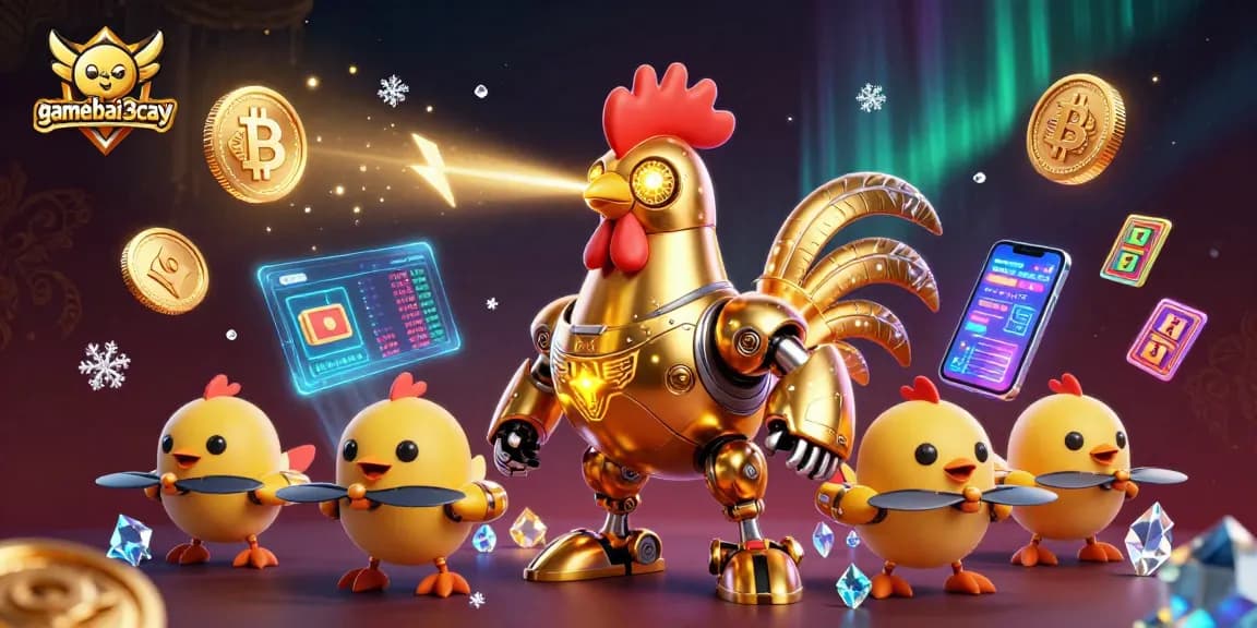 Engage in gamebai3cay with a vibrant 3D illustration of a golden rooster robot surrounded by cryptocurrency elements and slot reels.