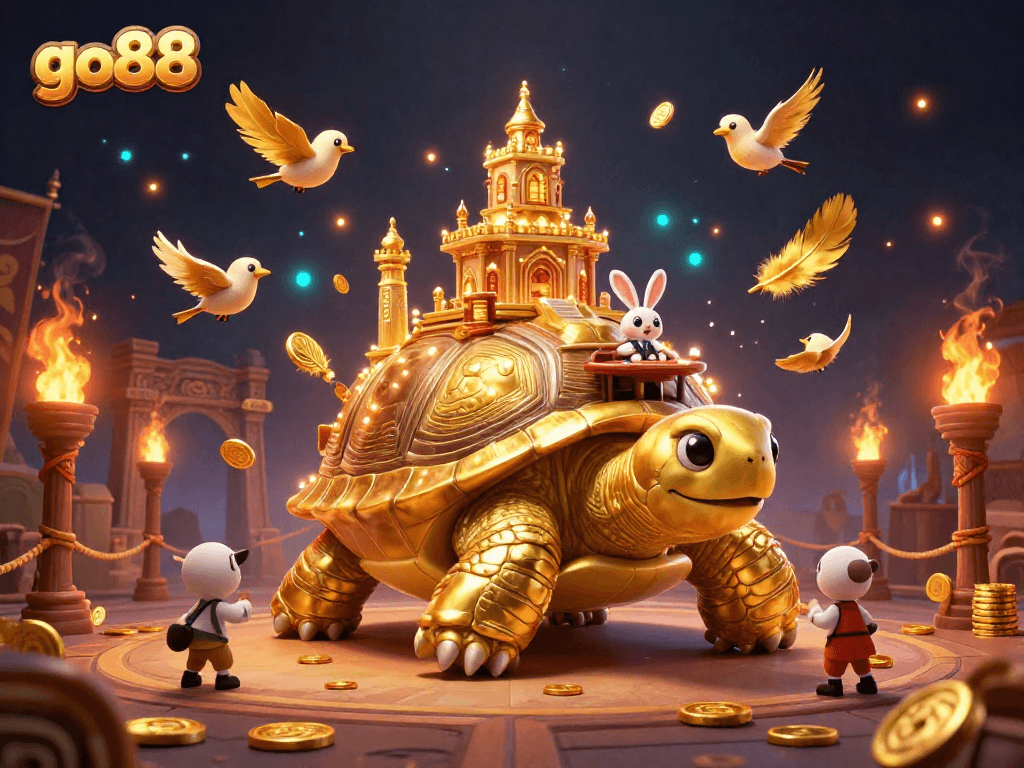 Engage with go88's thrilling casino experience featuring a golden tortoise and rabbit dealer!