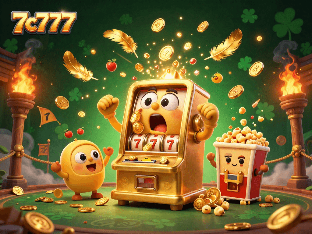 Experience the 7c777 jackpot thrill with a vibrant scene of celebratory slot machines and golden coins.