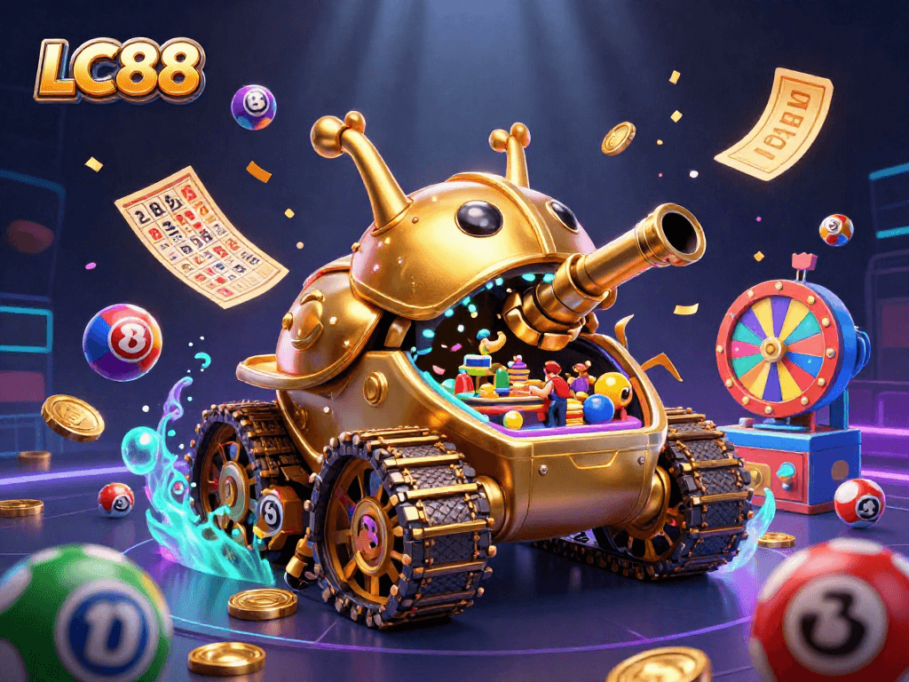 Experience excitement at LC88's vibrant 3D casino-themed illustration with lottery balls and golden elements.