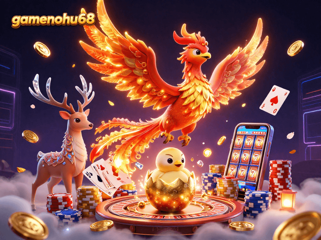 Experience the excitement of gamenohu68 with a dynamic scene of a phoenix, golden coins, and casino elements.