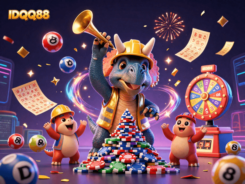 IDQQ88 players celebrate with colorful elements in this vibrant casino-themed 3D illustration.