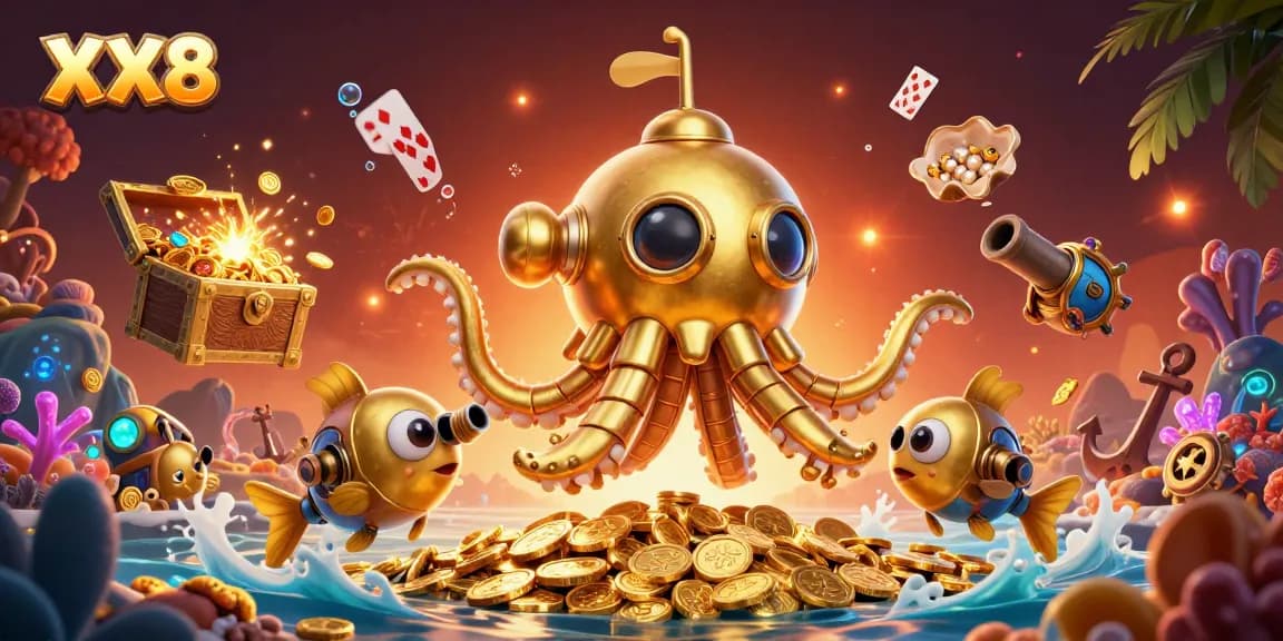 Engage with the thrilling world of online betting at XX8, featuring a golden kraken submarine amidst treasures.