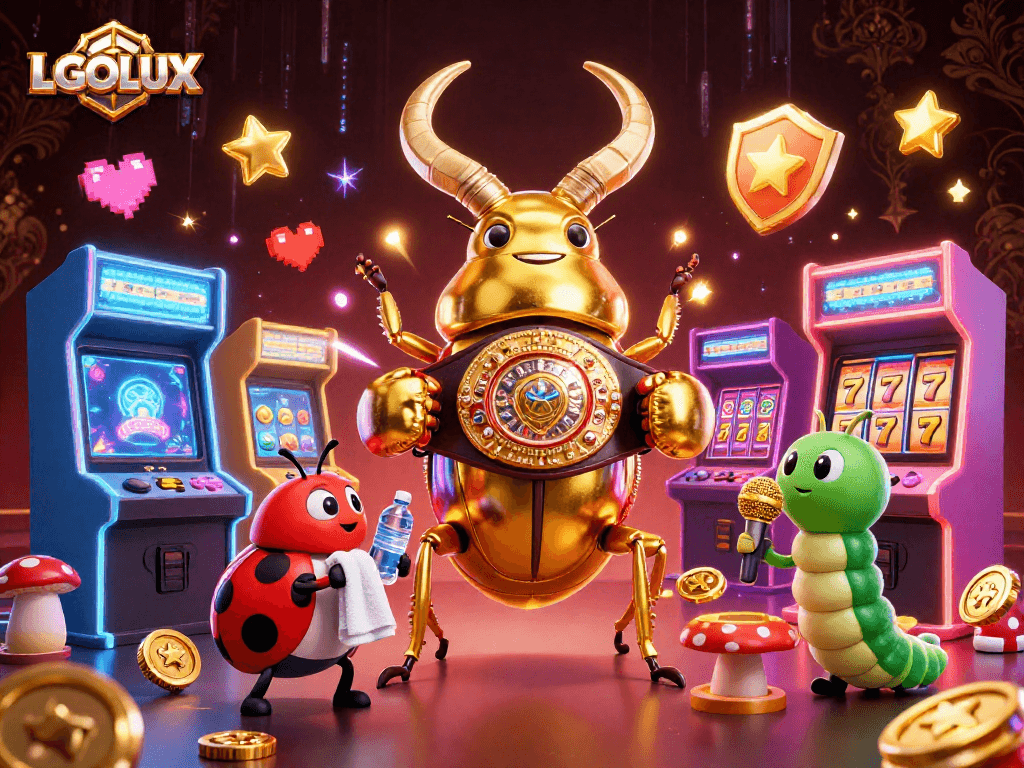 Experience the thrill of LGOLUX with vibrant casino elements and captivating characters in this illustration.