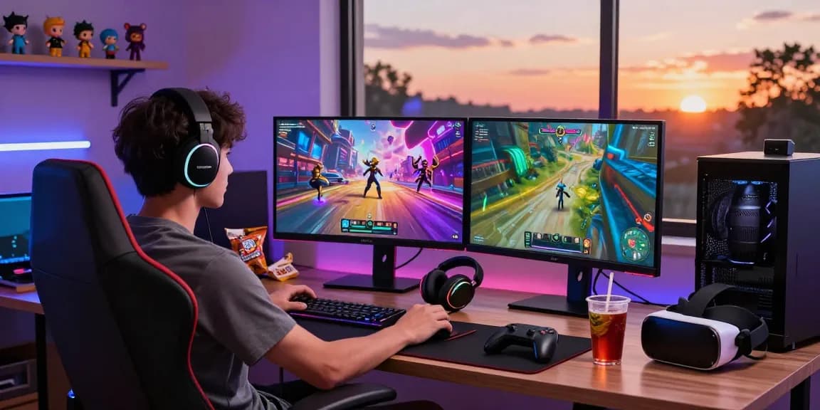 Gamer setup with gacha168 memorabilia, dual screens showcasing vibrant gaming art and collectibles.