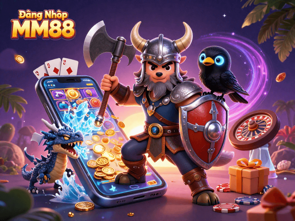 Experience Đăng Nhập MM88 through an action-packed scene with gaming characters and elements.