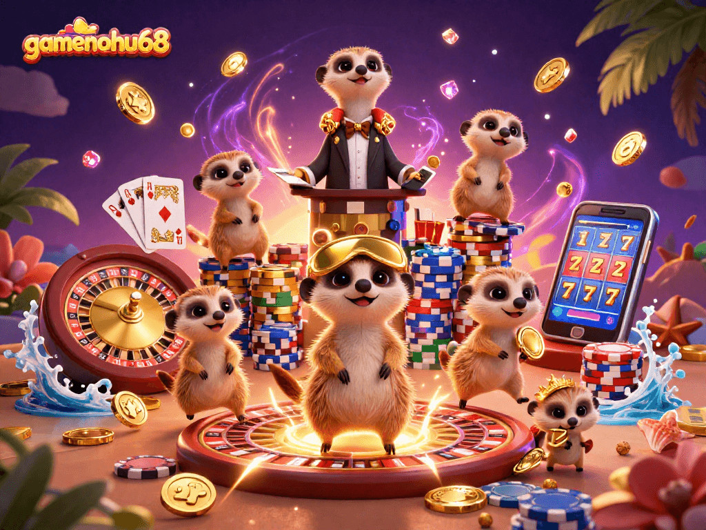 Join the fun at gamenohu68 with meerkats operating a bustling casino scene filled with action and excitement.