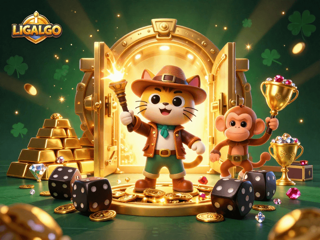 LIGALGO's vibrant 3D casino art showcases a cat archaeologist finding treasures amidst dazzling gems and gold.
