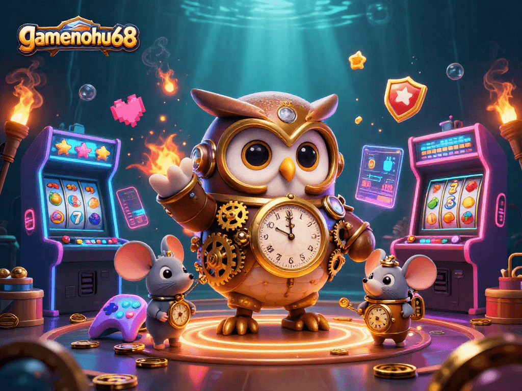 Engage in thrilling slots with gamenohu68's steampunk owl amidst vibrant casino elements.