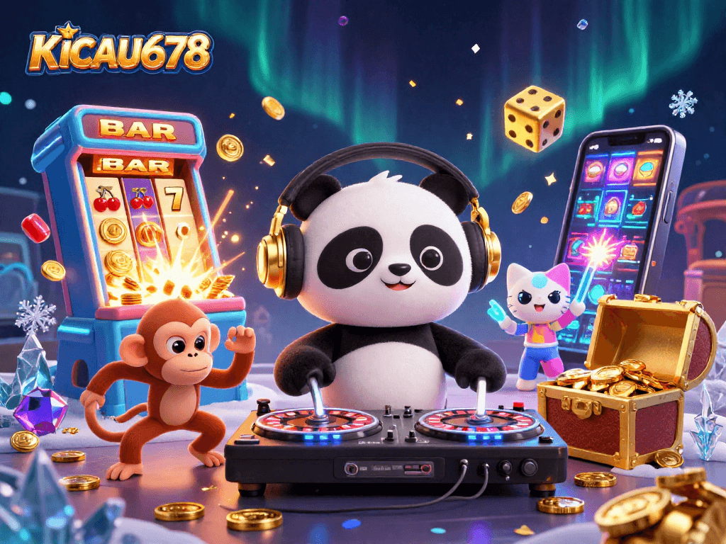 KICAU678 features an energetic DJ panda, breakdancing monkey, and rave kitten at a vibrant casino party.