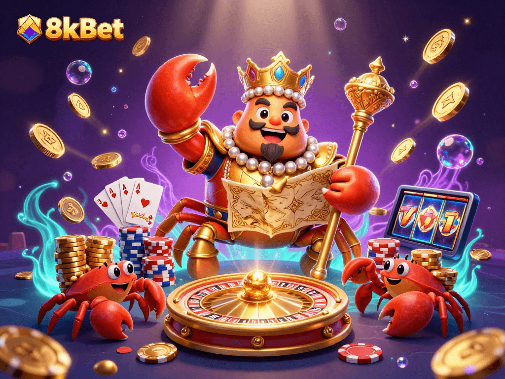 Join the fun at 8xbet with a massive golden crab and treasure map amid cascading coins and vibrant casino elements.