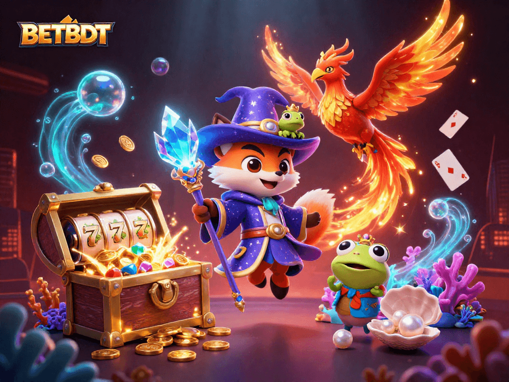 Play at BETBDT: A vibrant 3D scene with wizard fox and phoenix among treasures and slot reels