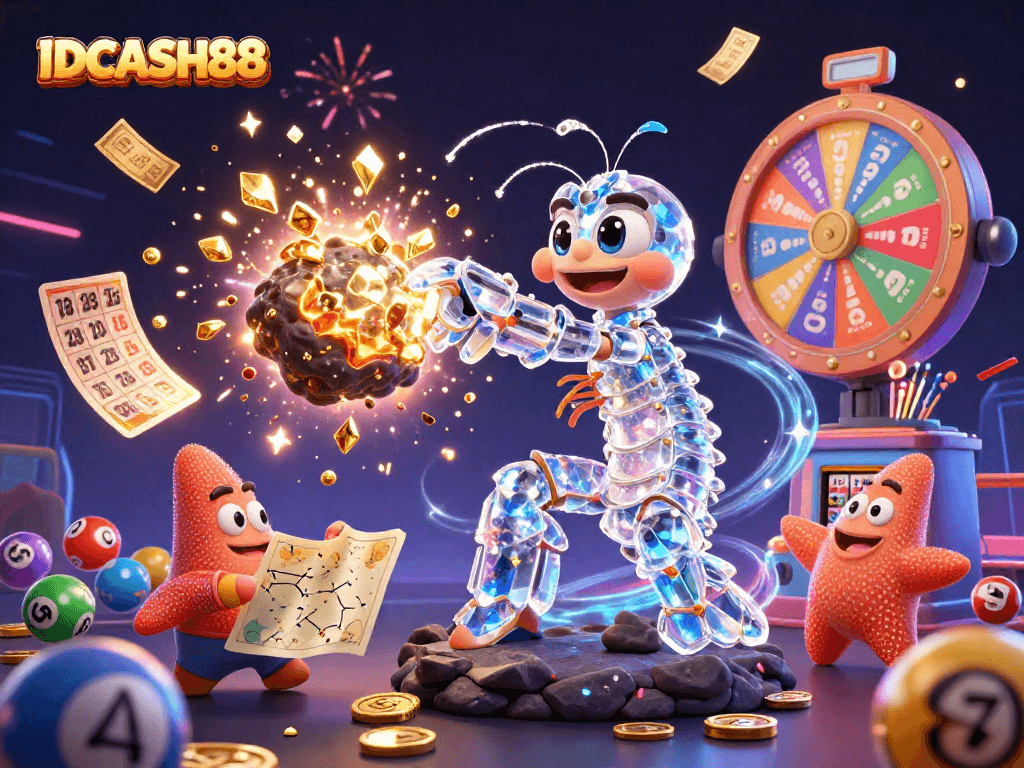 Experience the excitement of IDCASH88 with a galactic shrimp and starfish in a 3D gambling scene.
