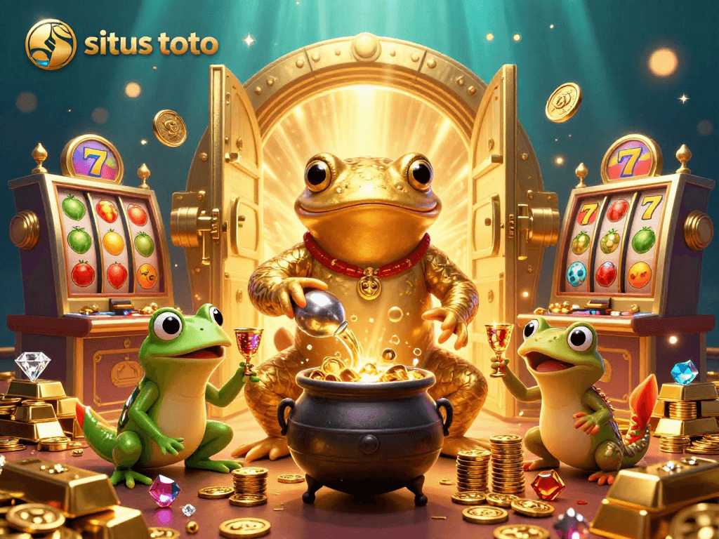 Experience thrilling gaming with situs toto at a vibrant casino featuring slot machines and gold treasures.