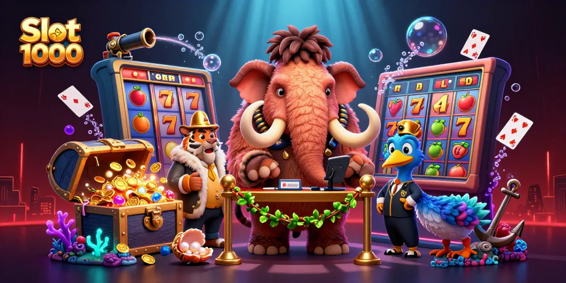 Experience the excitement of Slot 1000 with a lively cartoon scene of a woolly mammoth, saber-tooth tiger, and dodo bird amidst dynamic casino elements.