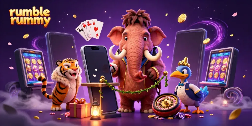 Experience the excitement of rumble rummy, featuring a bustling casino scene with vibrant characters and thrilling gaming elements.