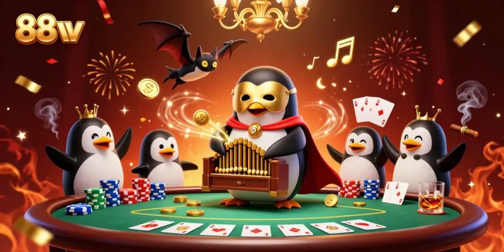 Experience thrilling gameplay with 88vv at this vibrant 3D casino illustration showcasing excitement, poker action, and wins.